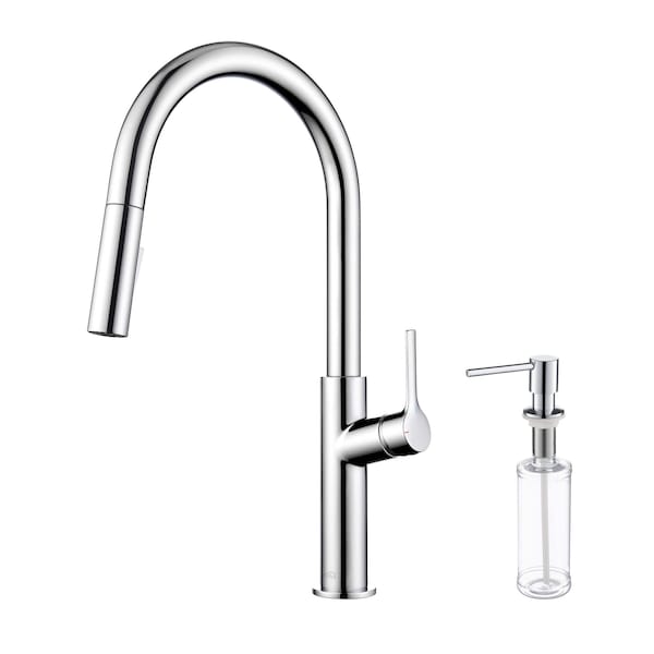 Kibi Fusion-T Single Handle Pull Down Kitchen Sink Faucet with Soap Dispenser - Chrome C-KKF2018CH-KSD100CH - main